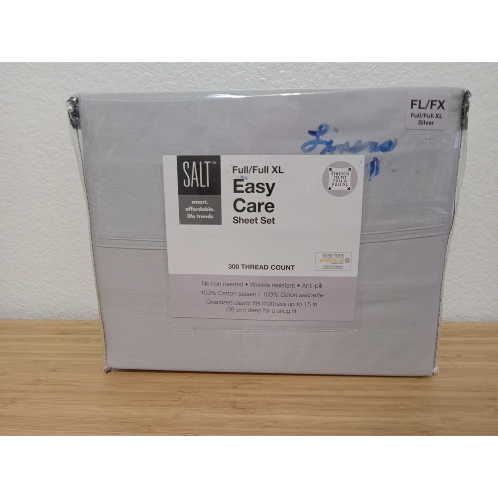 SALT Easy Care 300 TC 100% Cotton Sateen Sheet Set Full Full XL Silver 4pc New